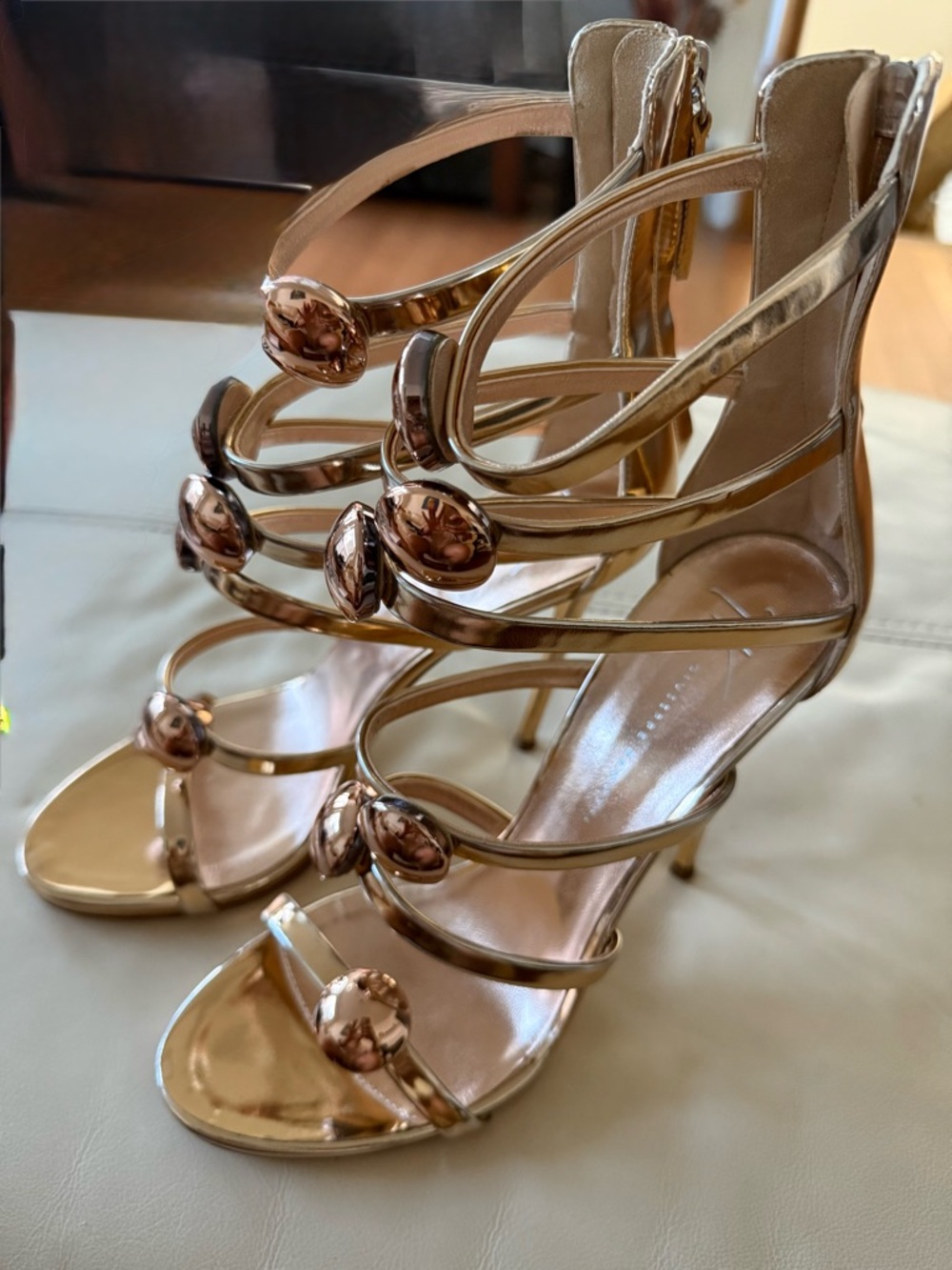 Giuseppe Zanotti Gold Alien Cage Sandals w/Rose Gold Orbs. - Picture 8 of 14